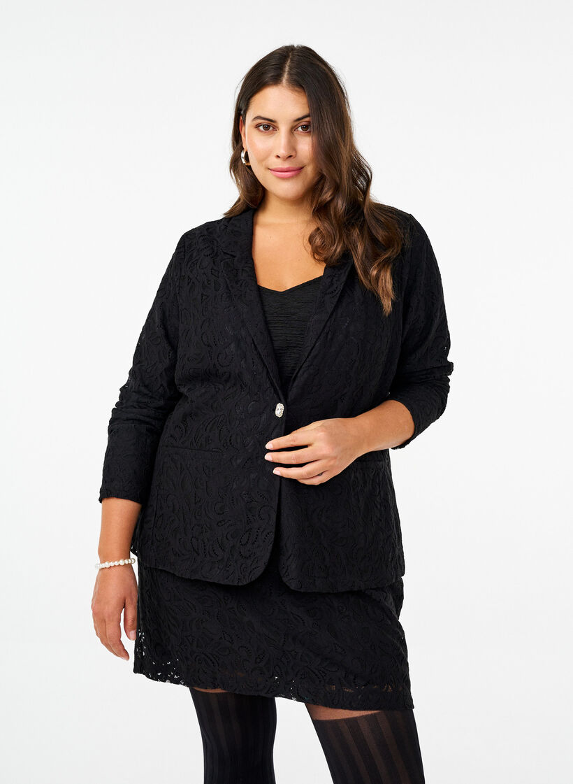 Kanten blazer met zakken, Black, Model image number 0