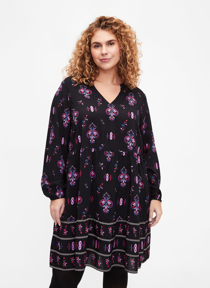 Viscose jurk met lange mouwen en print, Black Pink AOP, Model image number 0