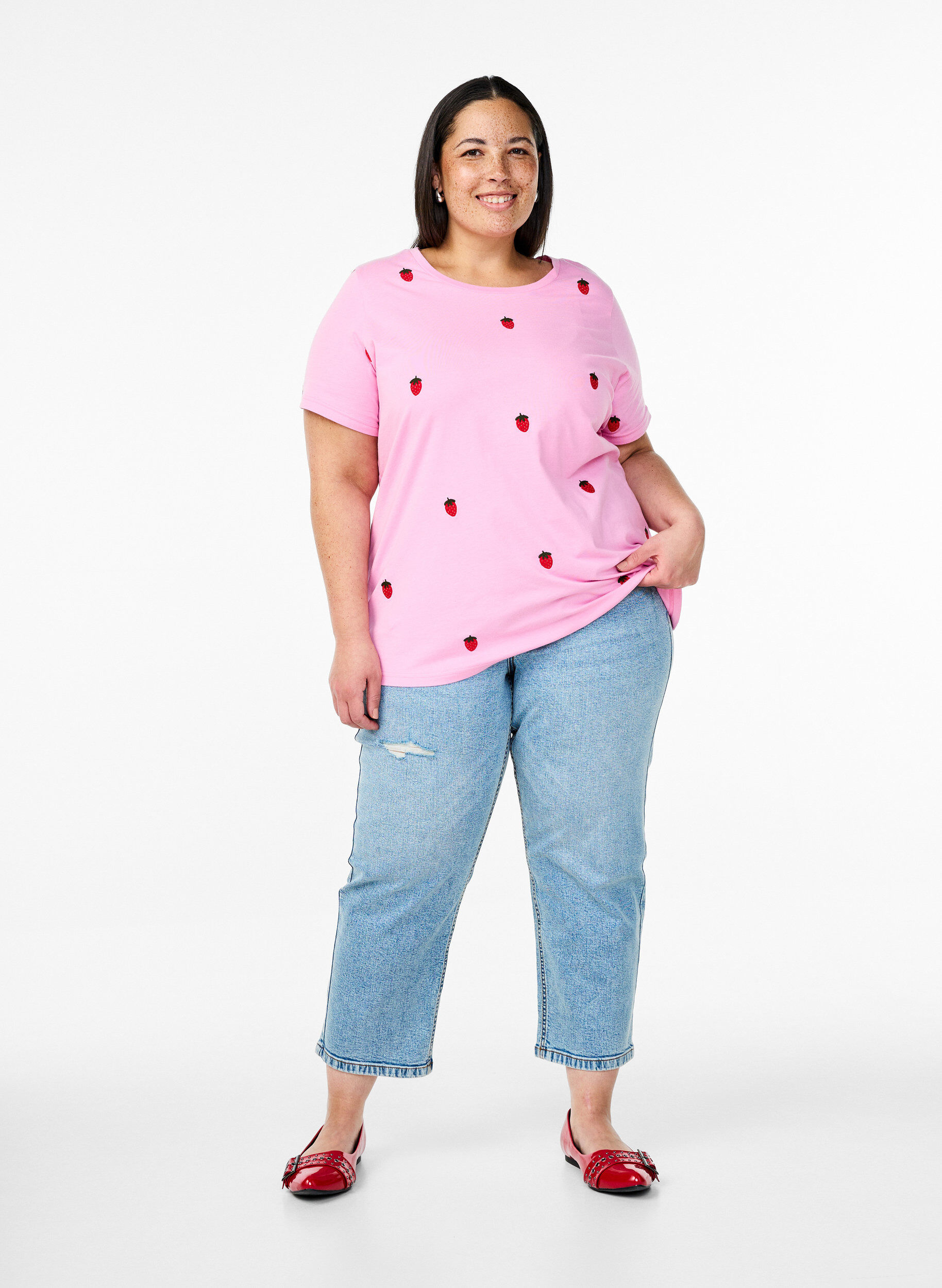 Zizzi T-shirt in biologisch katoen met geborduurde motieven, Roze, Model image number 1