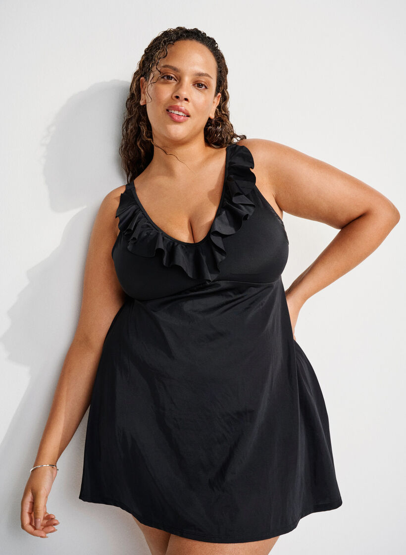 Zwemjurk met ruches en afneembare vullingen, Zwart, Image image number 0