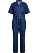 Denim jumpsuit met korte mouwen en een strikceintuur, Blauw, Packshot image number 0