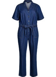 Denim jumpsuit met korte mouwen en een strikceintuur, Blauw