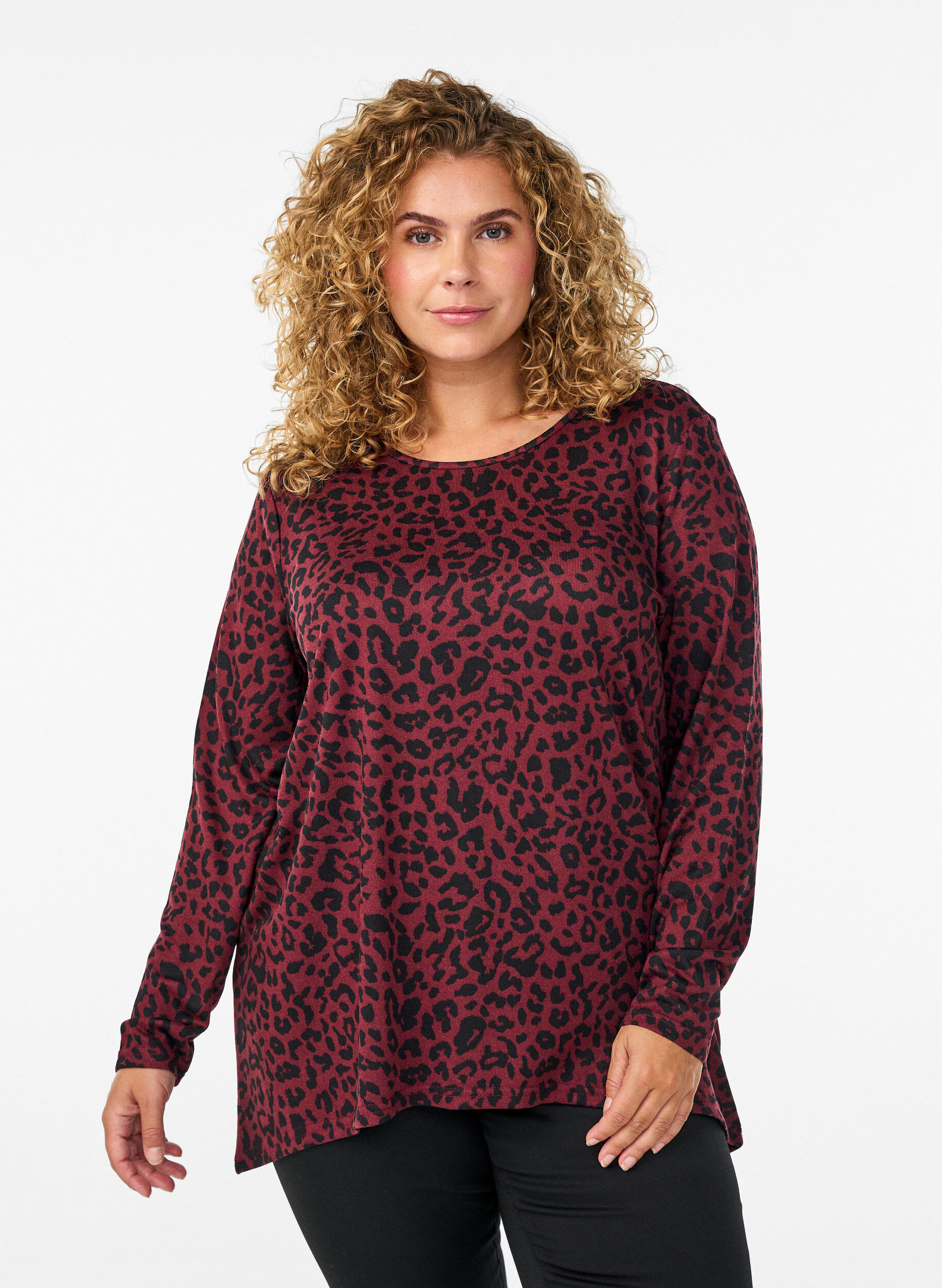 ZizziLuipaardprint blouse met lange mouwen, Donker Bordeaux, Model image number 0
