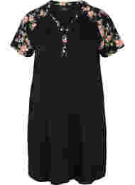 Katoenen pyjama jurk met korte mouwen en print, Black Flower