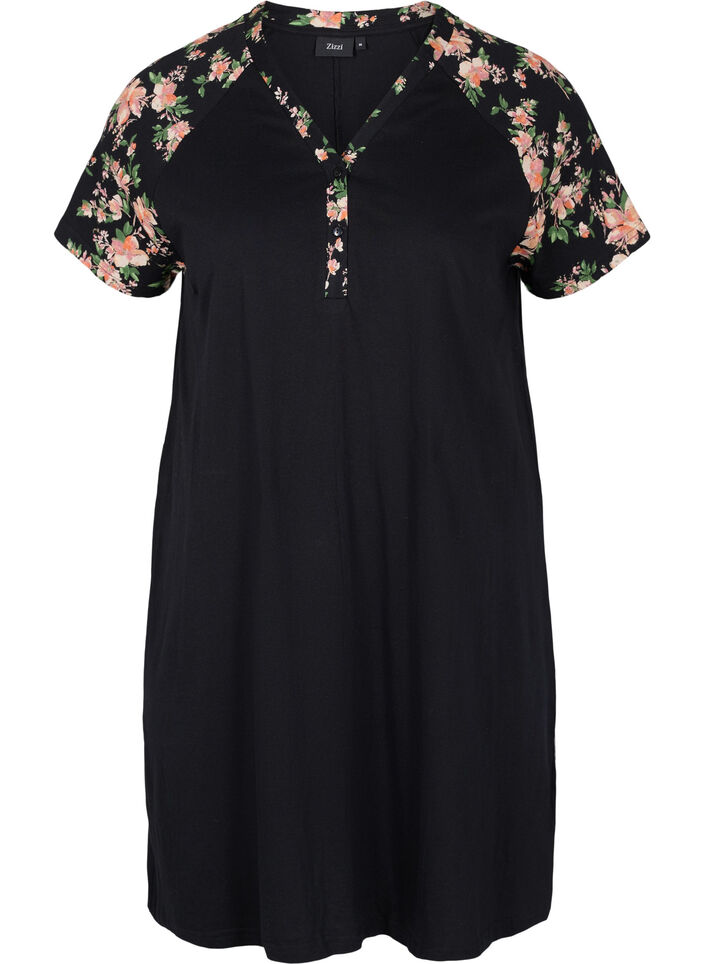 Katoenen pyjama jurk met korte mouwen en print, Black Flower, Packshot image number 0