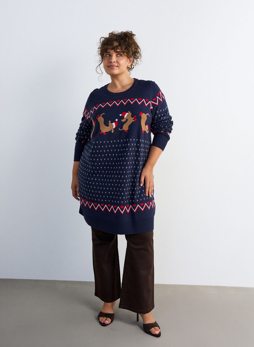 Korte gebreide jurk met kerstmotief, Blauw, Model image number 1