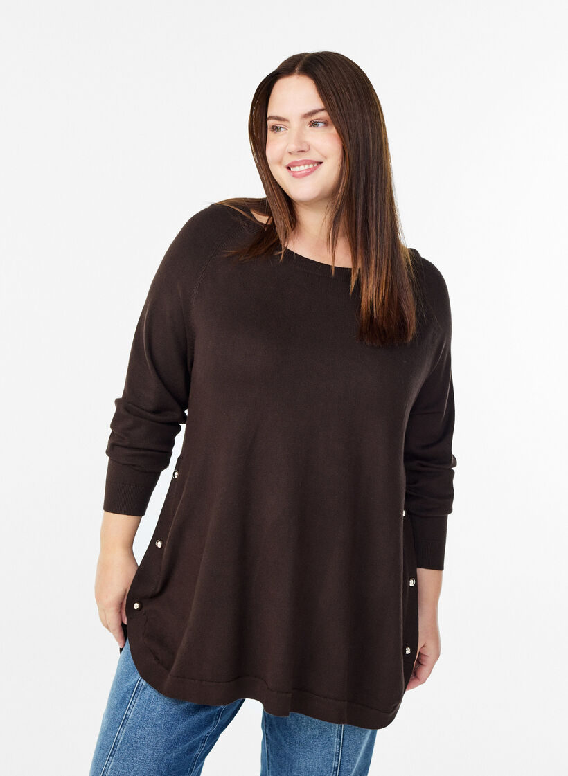 Gebreide blouse met knoopsluiting aan de zijkant, Bruin, Model image number 0