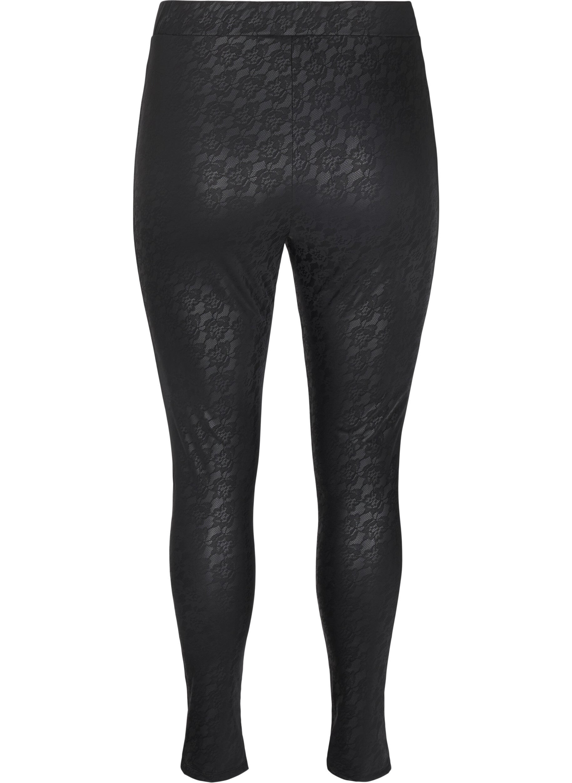 Zizzi Imitatieleer legging met kantstructuur, Zwart, Packshot image number 1
