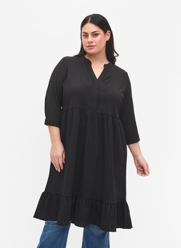 Effen midi jurk met 3/4-mouwen, Black, Model image number 0