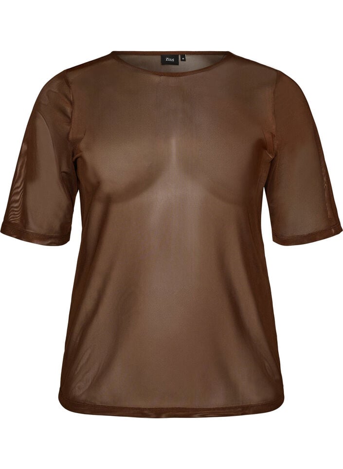 Mesh top met korte mouwen en ronde hals, Bruin, Packshot image number 0