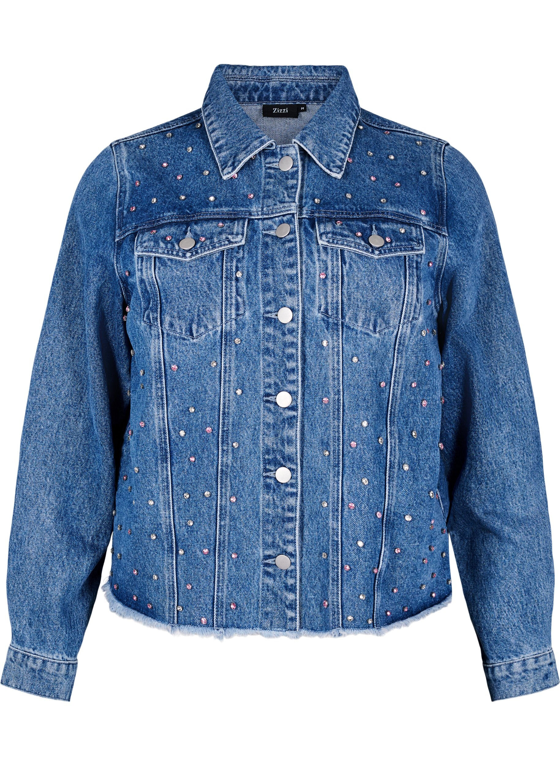Zizzi Denimjack met strasssteentjes en een rauwe zoom, Blauw, Packshot image number 0
