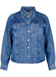 Denimjack met strasssteentjes en een rauwe zoom, Blauw
