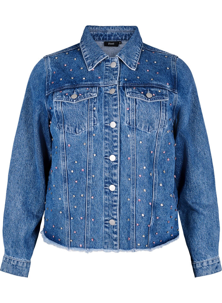 Denimjack met strasssteentjes en een rauwe zoom, Blauw, Packshot image number 0