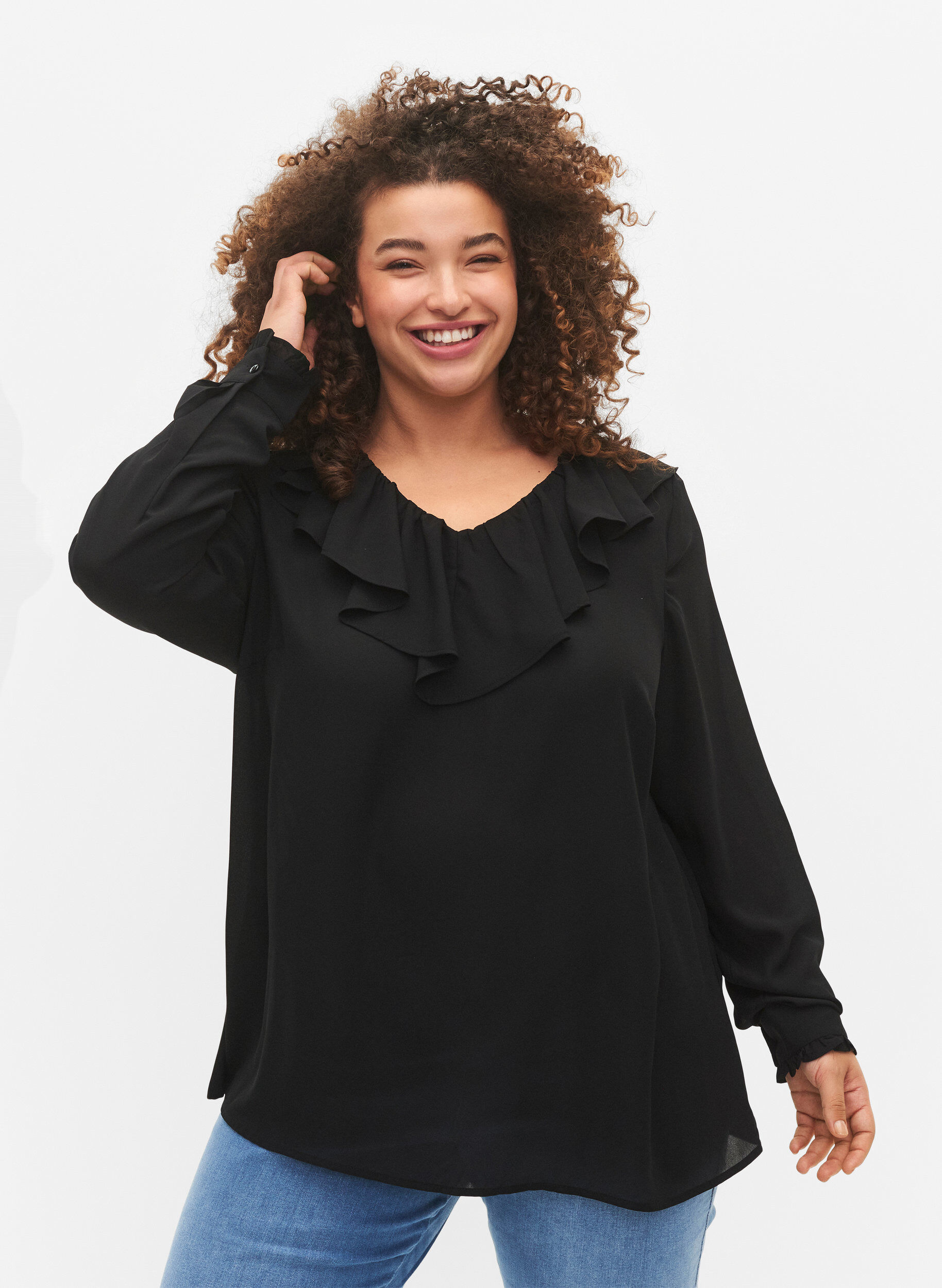 Zizzi  Blouse met ruches en lange mouwen, Black, Model image number 0