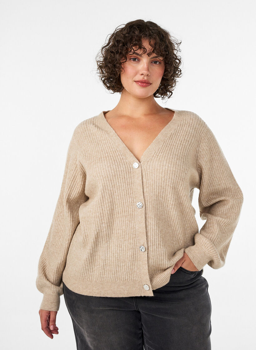 Vest met V-hals en ribstructuur, Beige, Model image number 0