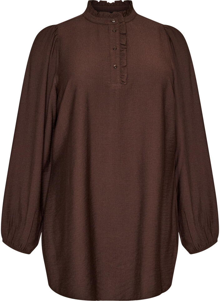 Viscose tuniek met ruches en knopen, Bruin, Packshot image number 0