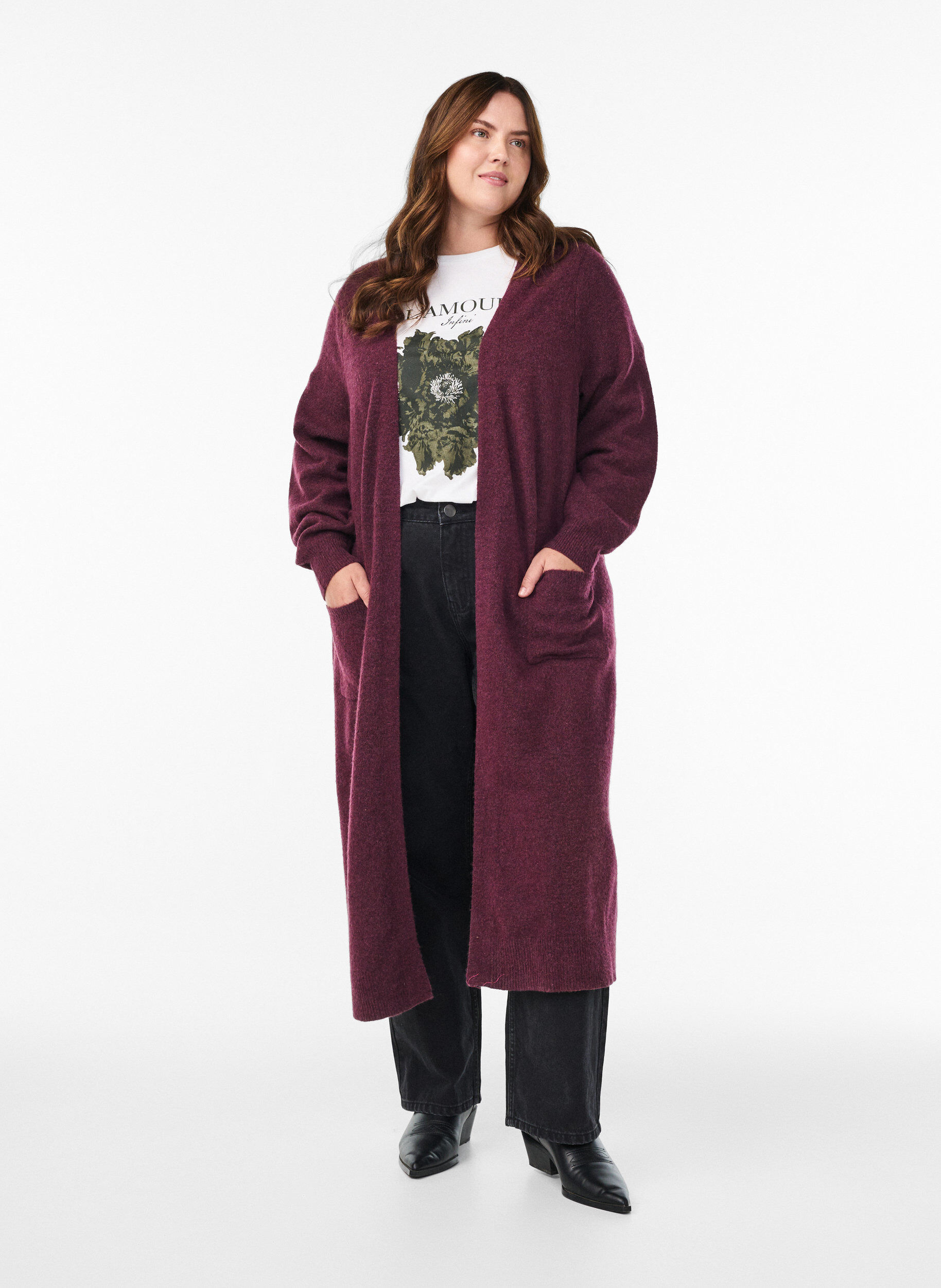 Lange cardigan met zakken van breisel, Rood, Model