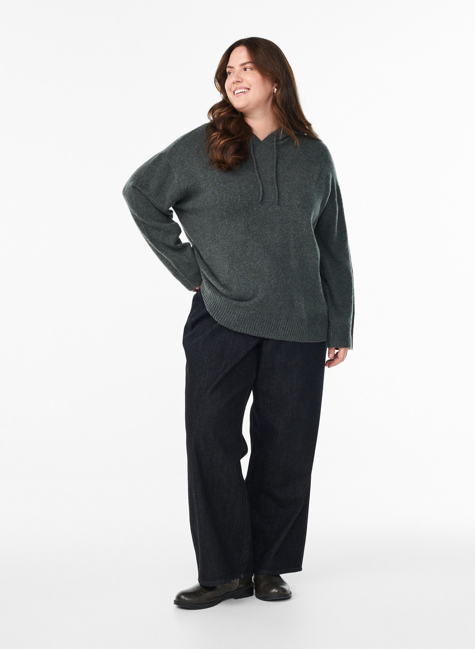 Zizzi Gebreide hoodie, Groen, Model image number 1