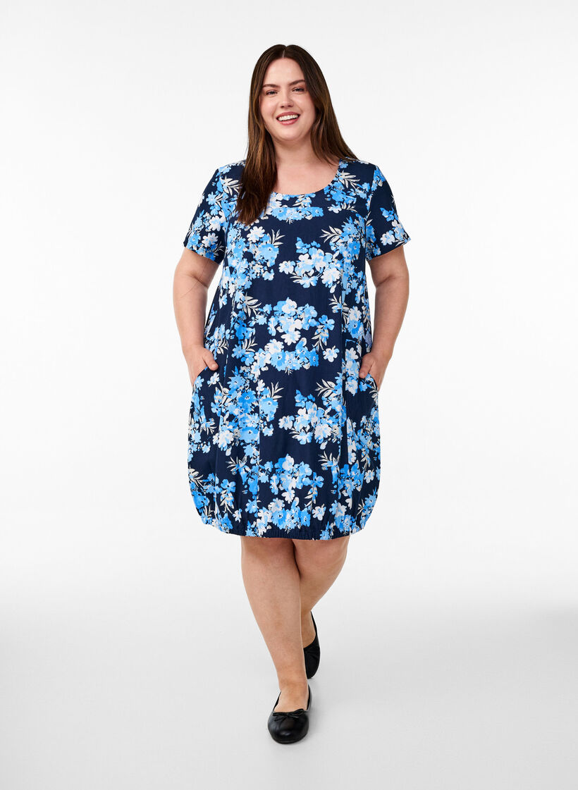 Katoenen jurk met korte mouwen en print, Blauw, Model image number 1