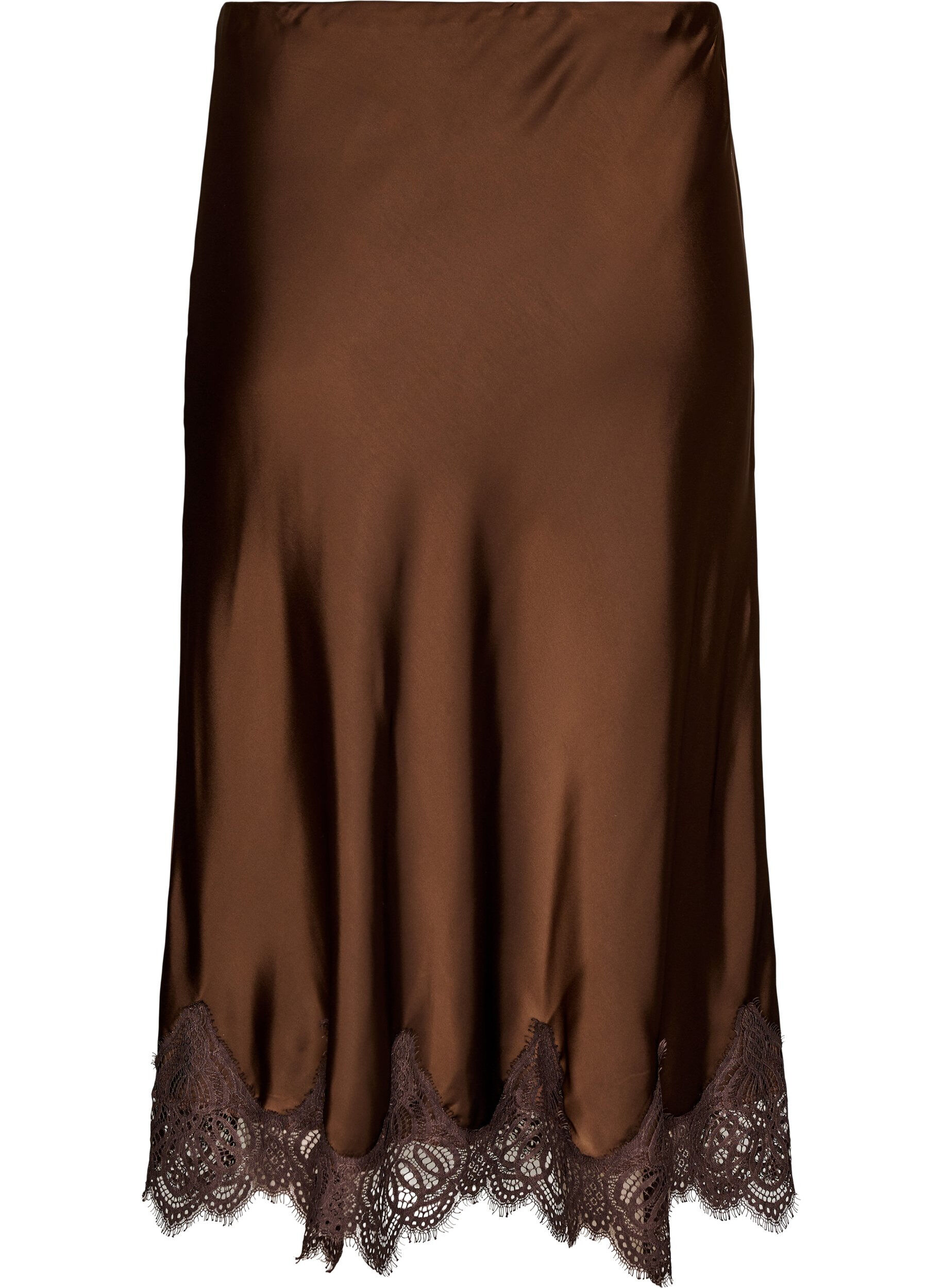 ZizziMidi satijnen rok met kanten afwerking, Bruin, Packshot image number 1
