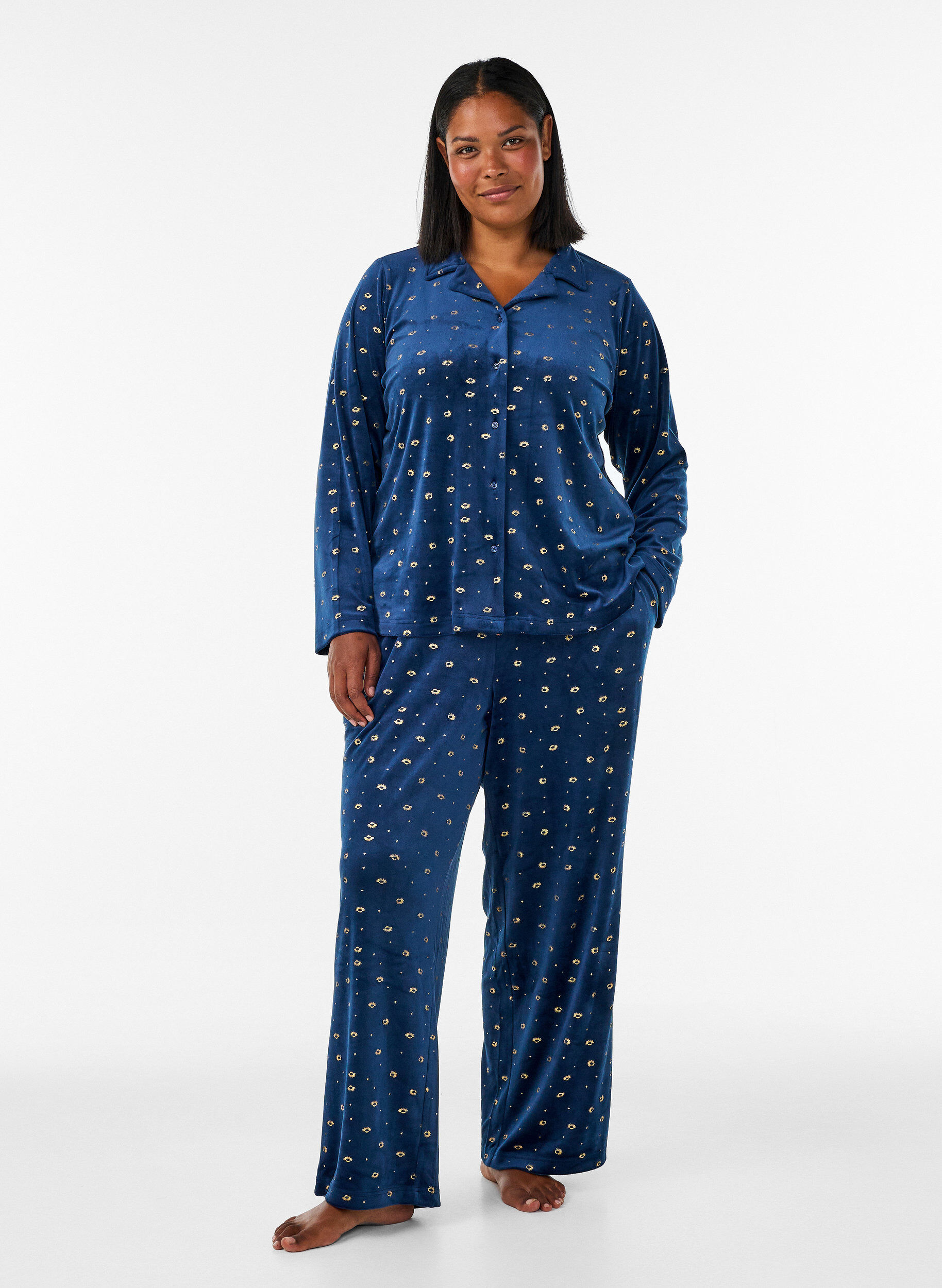 ZizziVelour pyjamashirt met een all-over print, Blauw, Model image number 1