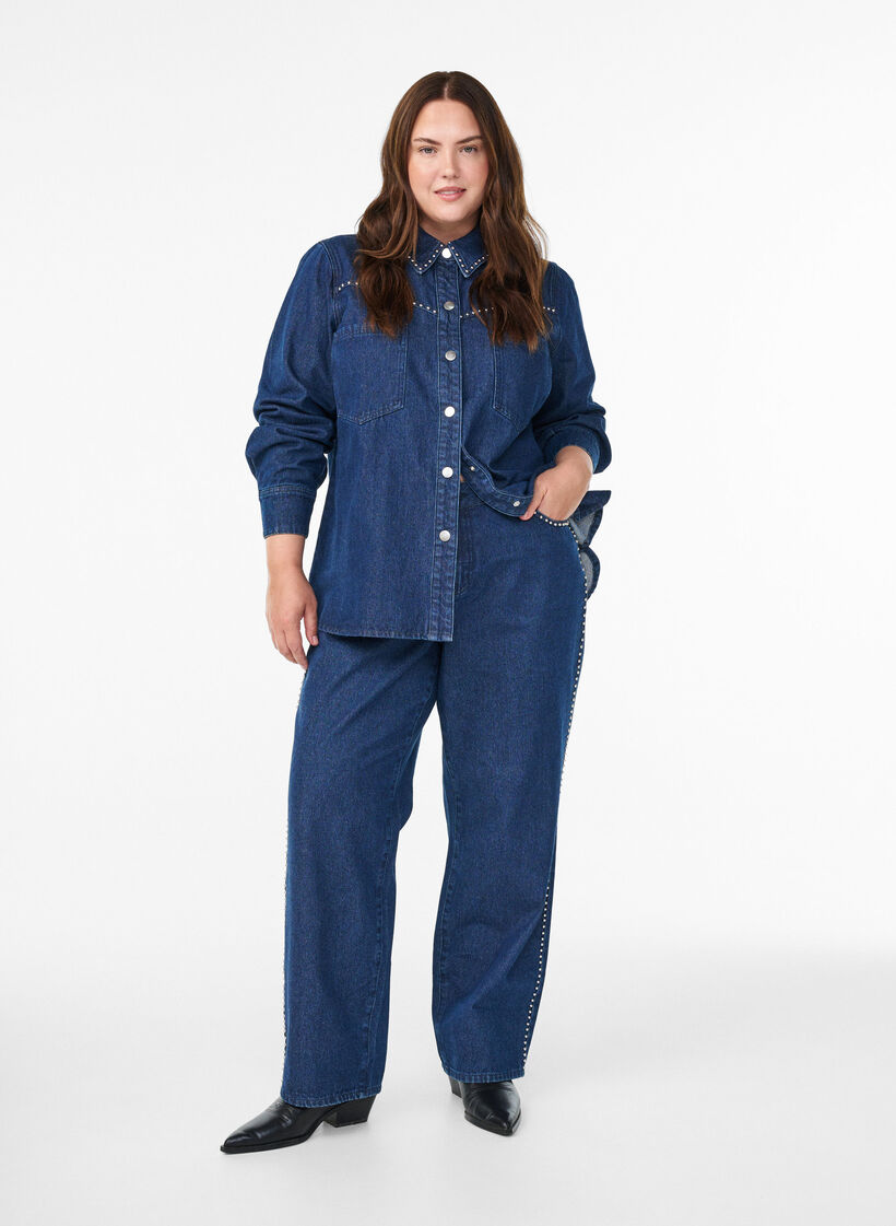 Wijde jeans met studs en een high waist, Blauw, Model image number 0