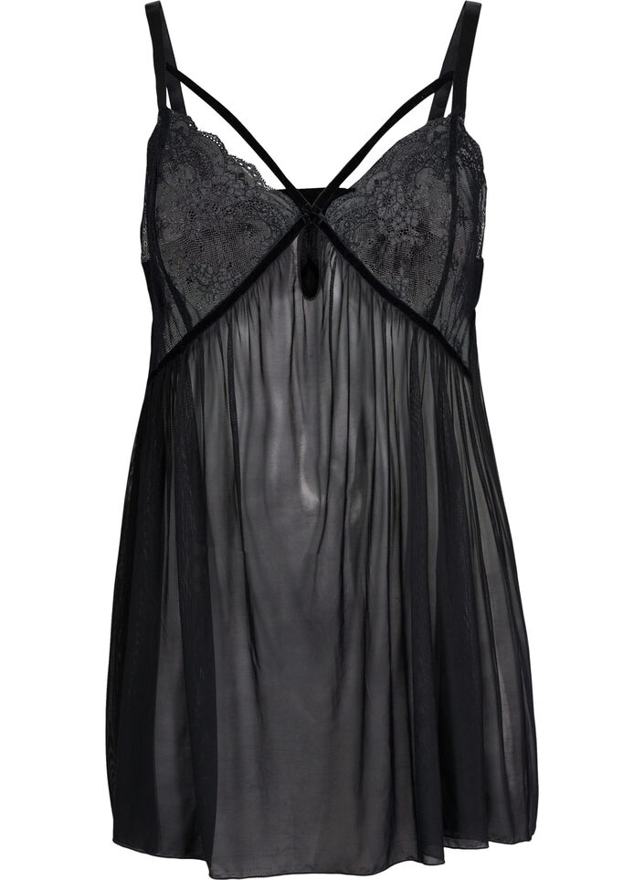 Transparante chemise met kant, Black, Packshot image number 0