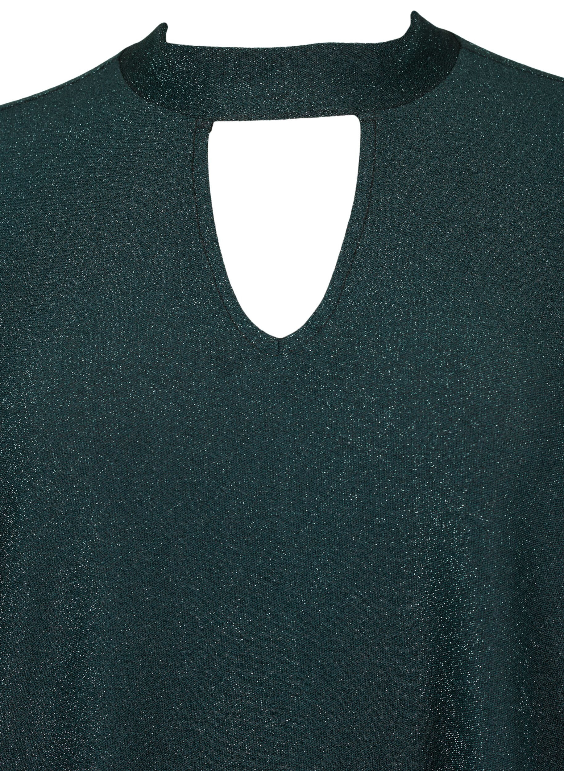 Zizzi Glitter blouse met lange mouwen, ronde hals en V-detail, Black Scarab, Packshot image number 2