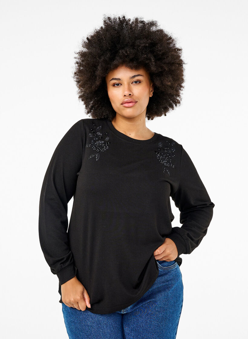 Blouse met borduursels en strass steentjes, Black, Model image number 0