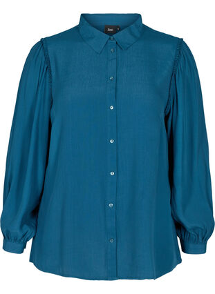 Viscose blouse met ruche details en lange mouwen, Reflecting Pond, Packshot image number 0