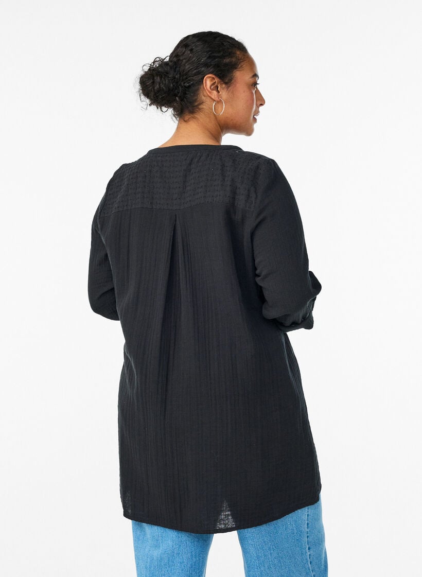 Katoenen mousseline tuniek met broderie anglaise, Zwart, Model image number 2