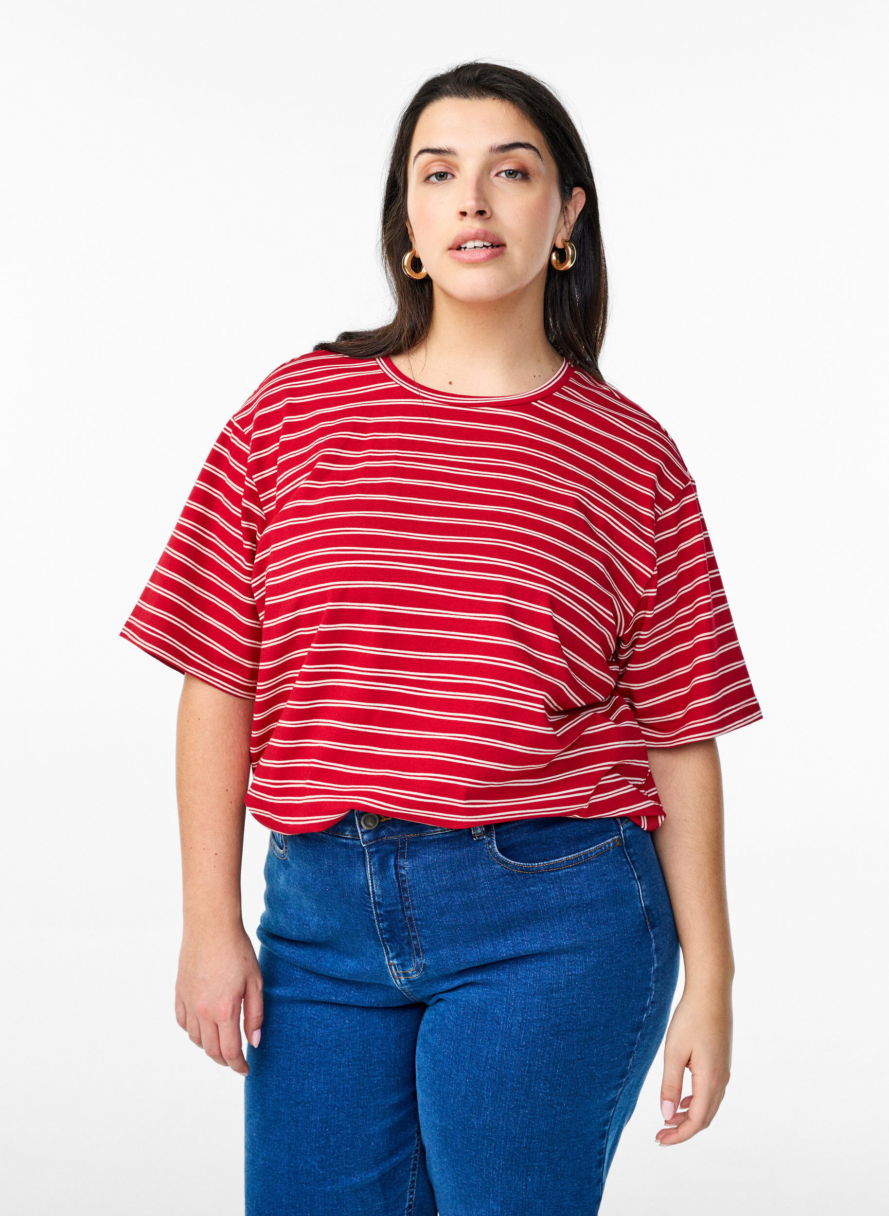 Zizzi Gestreepte T-shirt, Rood, Model image number 0