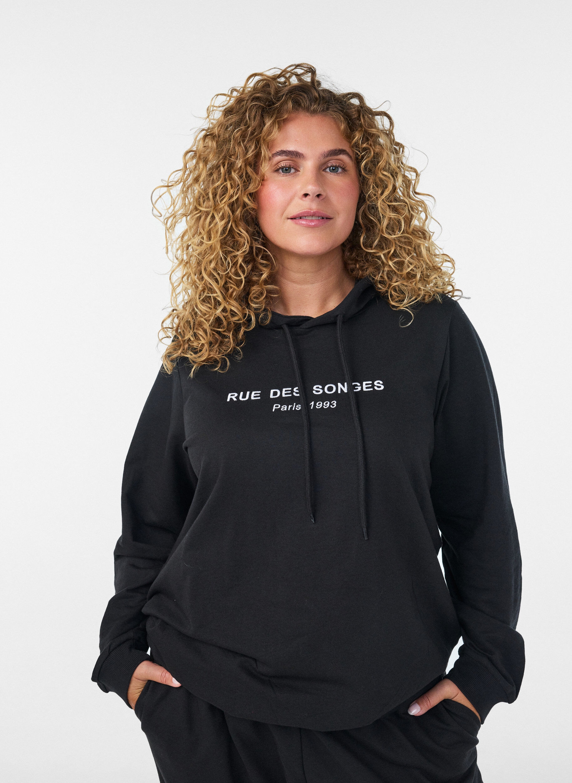 ZizziSweater met capuchon en print, Zwart, Model image number 3