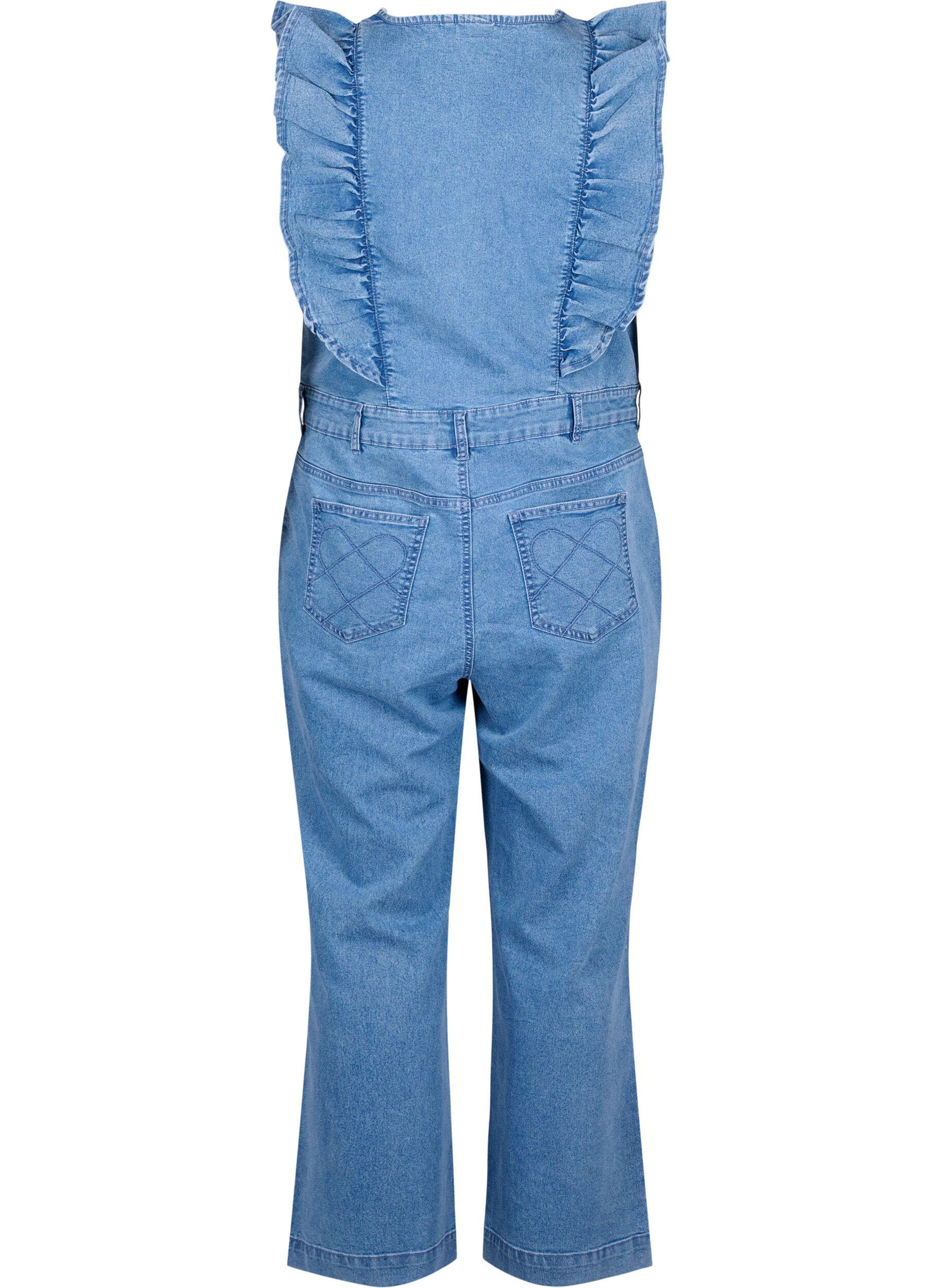 Zizzi Denim jumpsuit met ruches, Light Blue Denim, Packshot image number 1