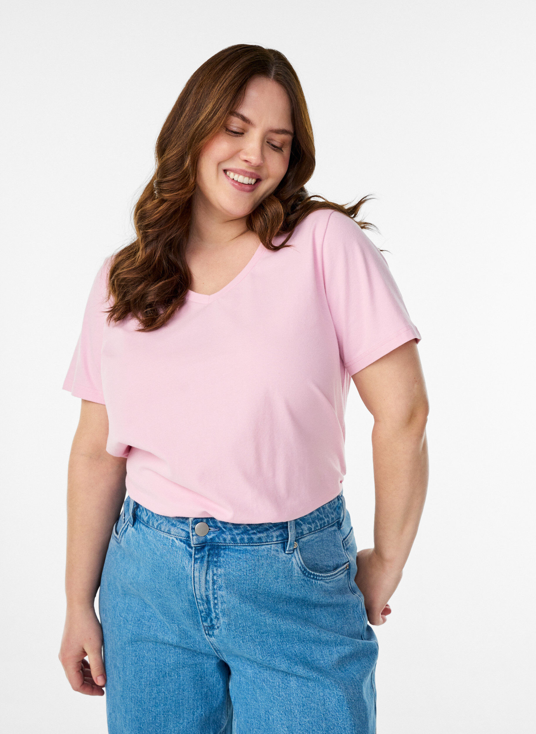 ZizziEffen basic katoenen T-shirt, Roze, Model image number 0