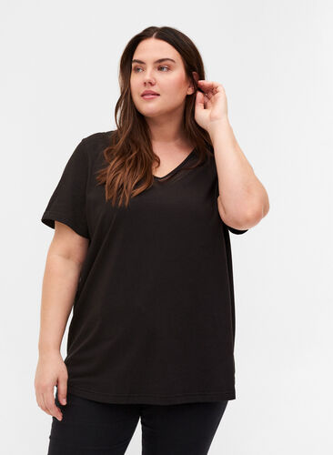 T-shirt met korte mouwen, v-hals en mesh, Black, Model image number 0