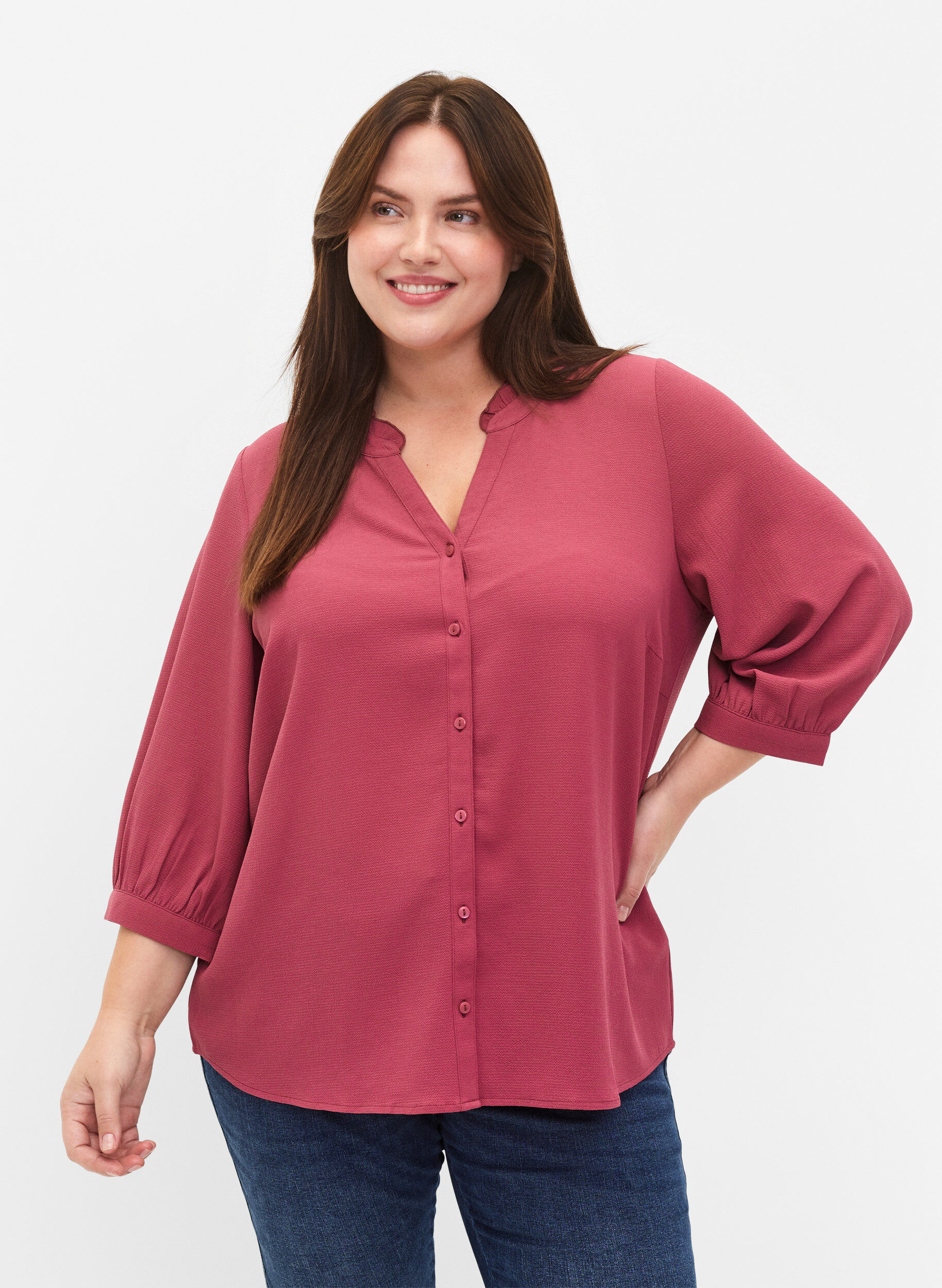 Zizzi Overhemdblouse met 3/4-mouwen en een kraag met ruches, Dry Rose, Model image number 0