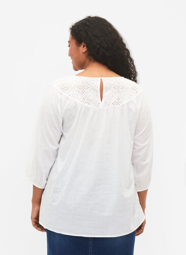 Blouse met broderie anglaise en 3/4 mouwen, Bright White, Model image number 1