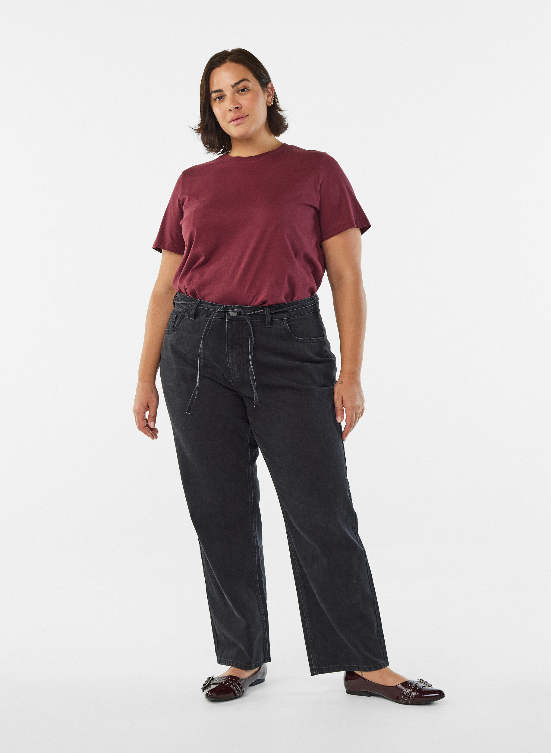 ZizziBasic katoenen T-shirt met ronde hals, Donker Bordeaux, Model image number 1
