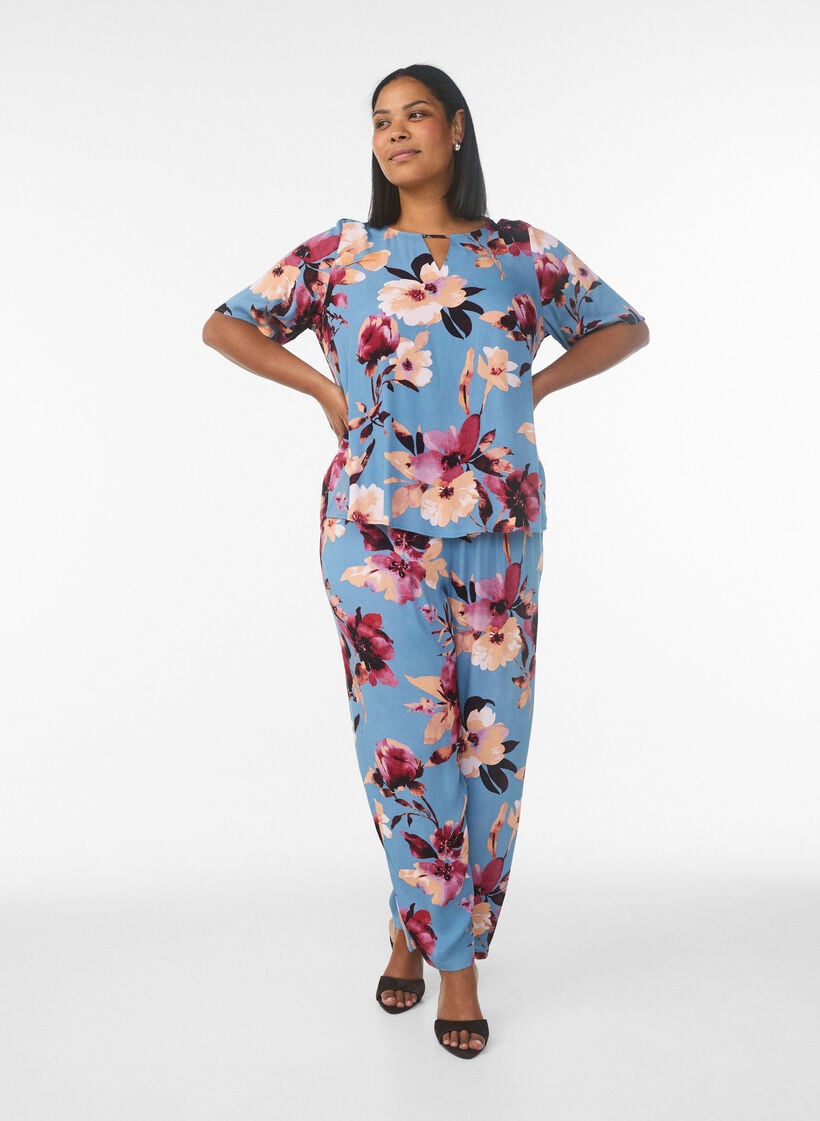 Viscose blouse met korte mouwen met print, Blauw, Model image number 1