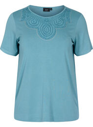 Viscose t-shirt met korte mouwen en kanten details, Smoke Blue