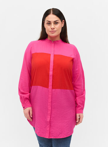 Lange blouse met color-block, Pink Red Block, Model image number 0