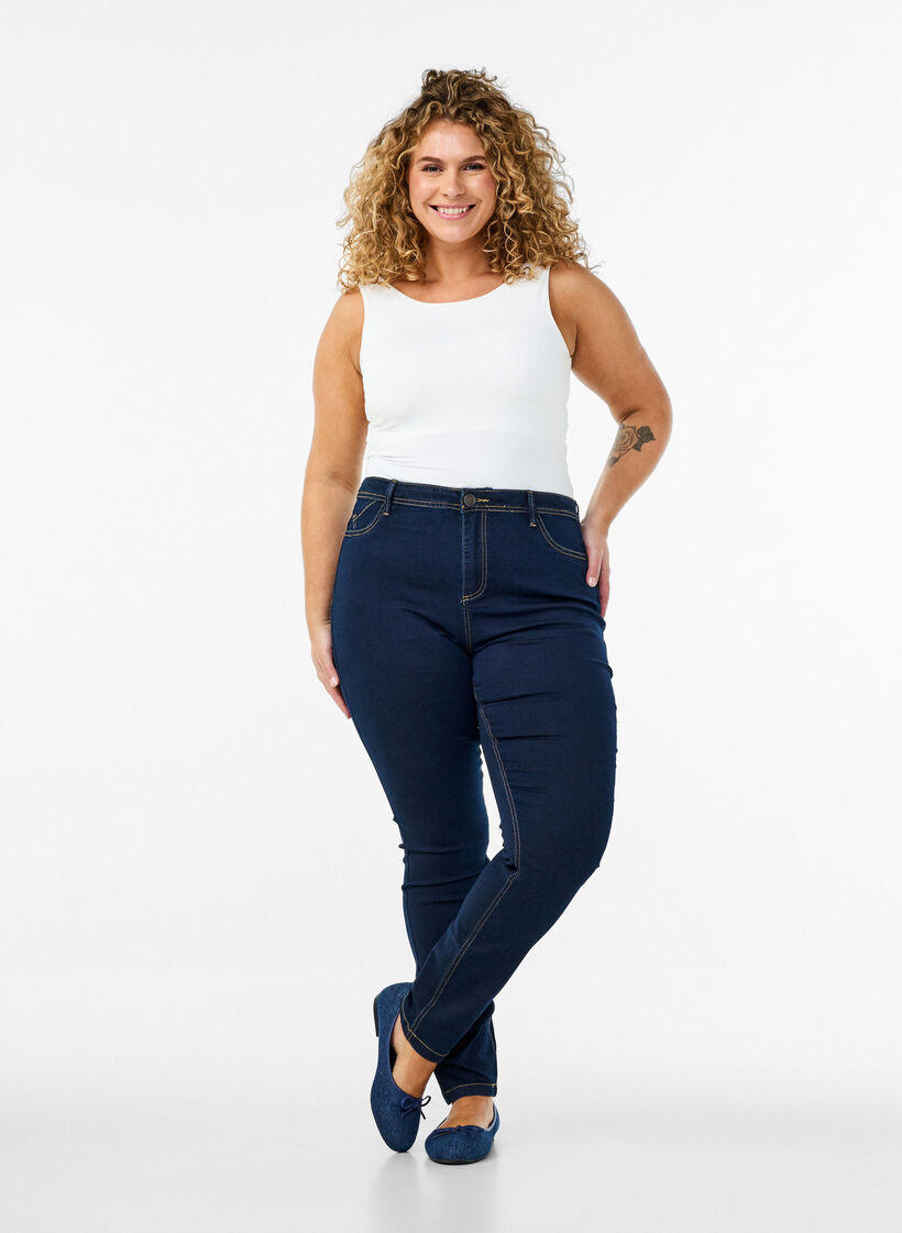 Super strakke Amy jeans met hoge taille, Blauw, Model image number 0