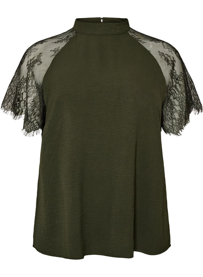 Blouse met korte kanten mouwen en hoge hals, Groen, Packshot image number 0