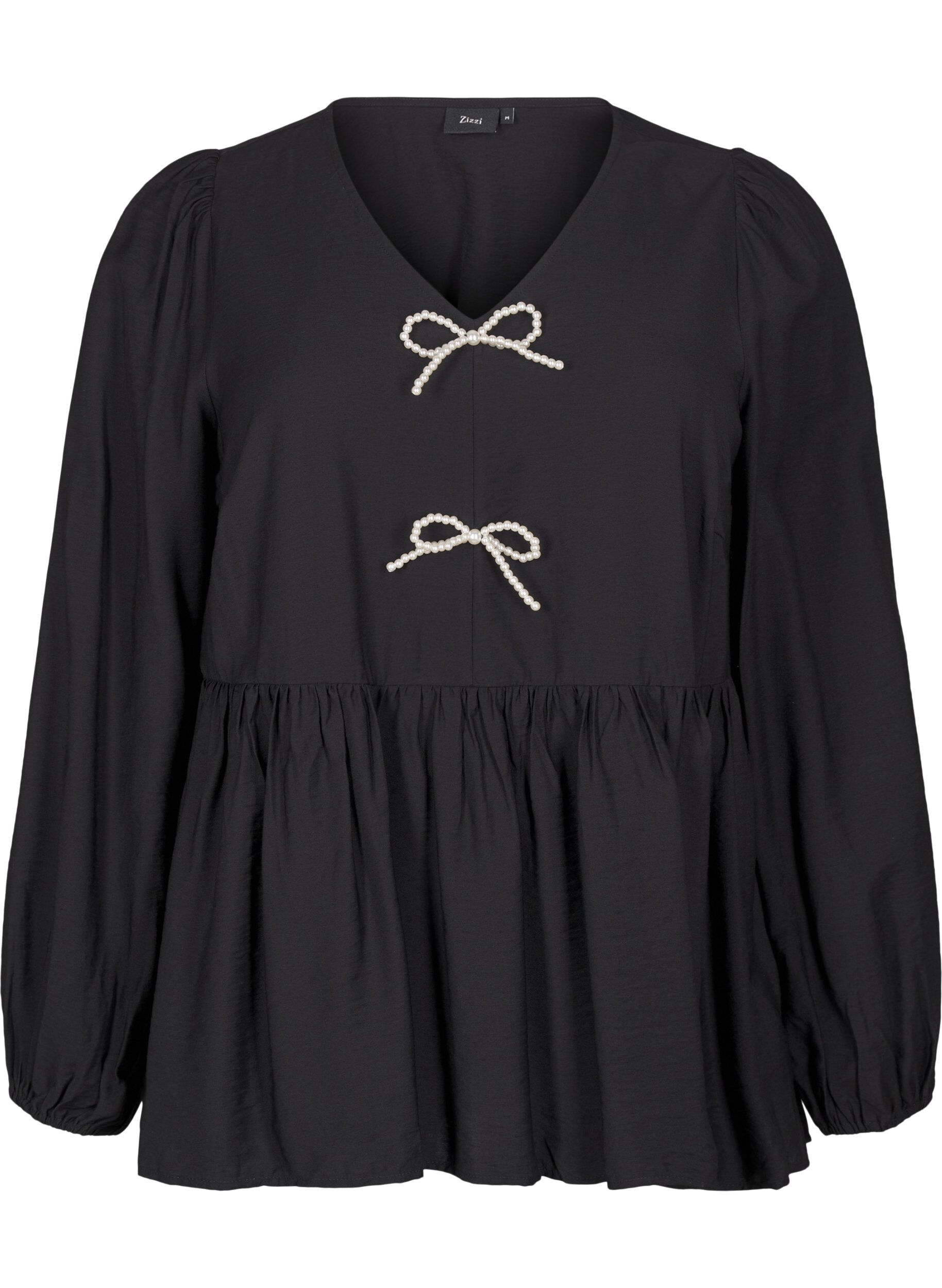 Zizzi Blouse met parelsstrikken en lange mouwen, Black, Packshot image number 0