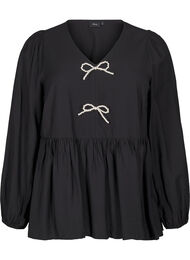 Blouse met parelsstrikken en lange mouwen, Black
