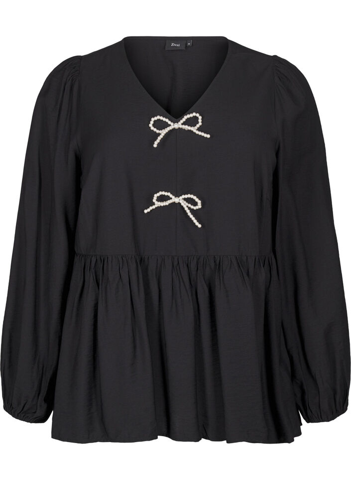 Blouse met parelsstrikken en lange mouwen, Black, Packshot image number 0