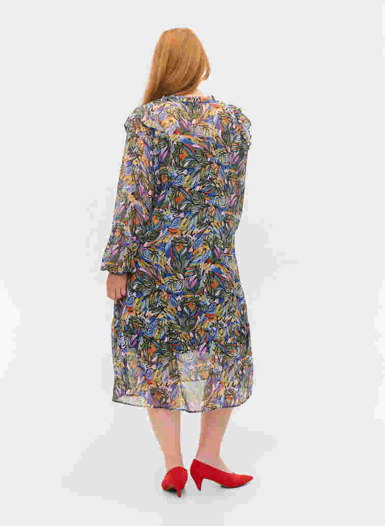 Kleurrijke midi-jurk met smock en lange mouwen, Vibrant Leaf, Model