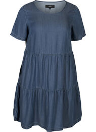 Denim jurk met korte mouwen en plooien, Medium Blue