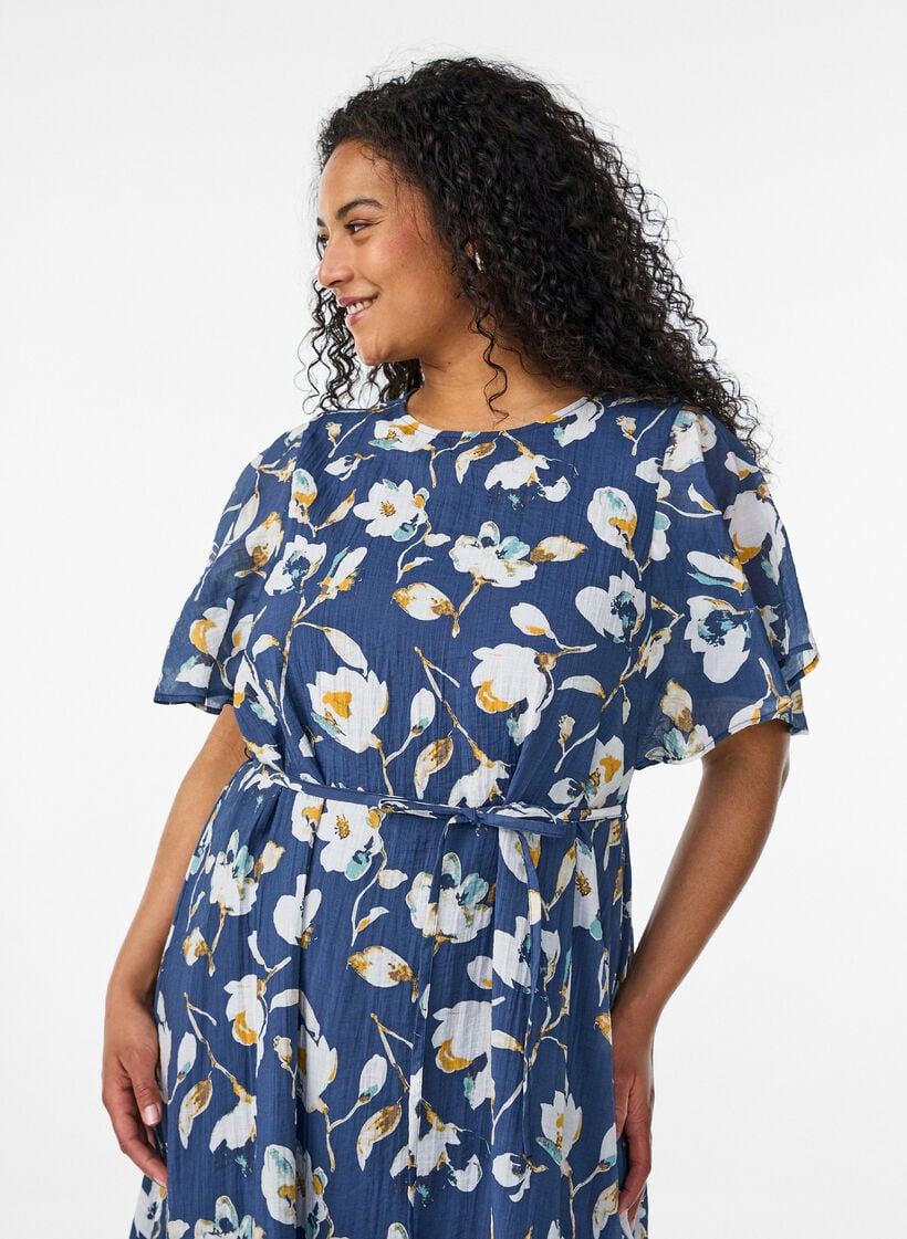 Enkellange jurk met vlindermouwen en strikceintuur, Blauw, Model image number 2